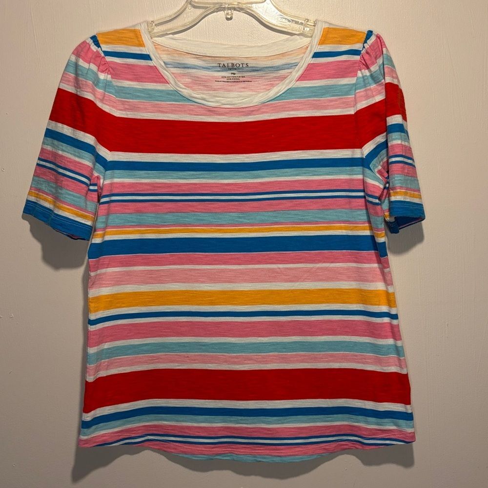 Talbots Petite- Ruched Shoulder Sleeve Multicolor Striped Crew Neck Tee Size MP